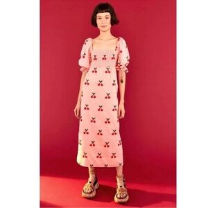 Farm Rio Pink Cherry Embroidered Puff-Sleeve Midi Dress XL